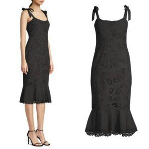 Saloni Rosie Black  Cotton Eyelet Silk Shoulder Ribbon Tie Ruffle Midi Dress 10